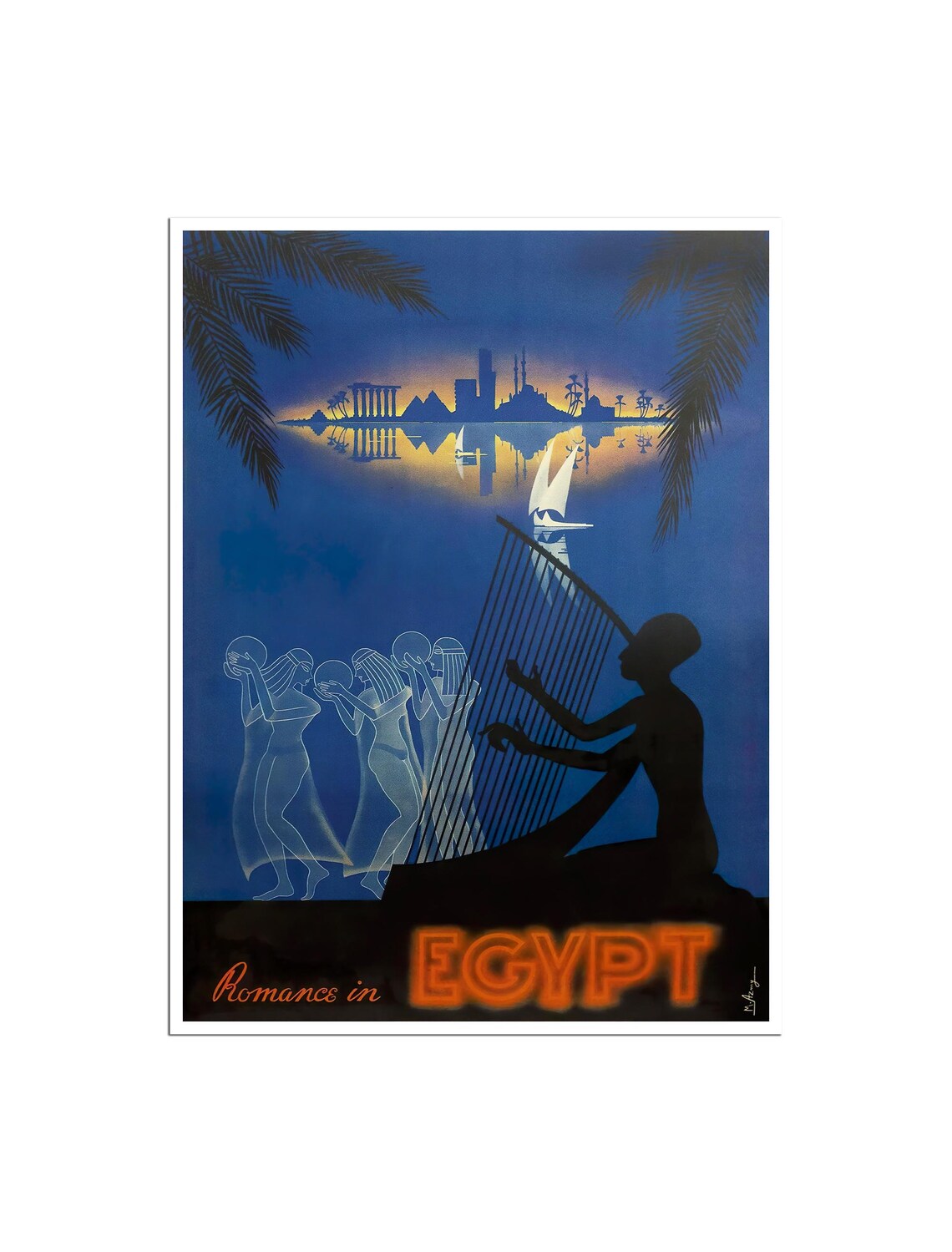 Romance in Egypt Vintage Travel Poster Nile Harp Night Music Art