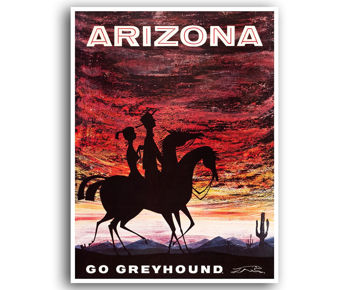 Arizona Go Greyhound Sunset Horseback Cowboy Vintage Travel Poster