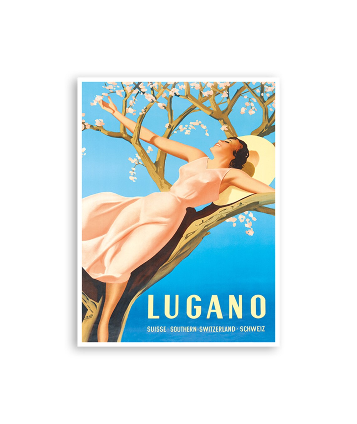 Lugano Switzerland Blossom Tree Recline Vintage Travel Poster