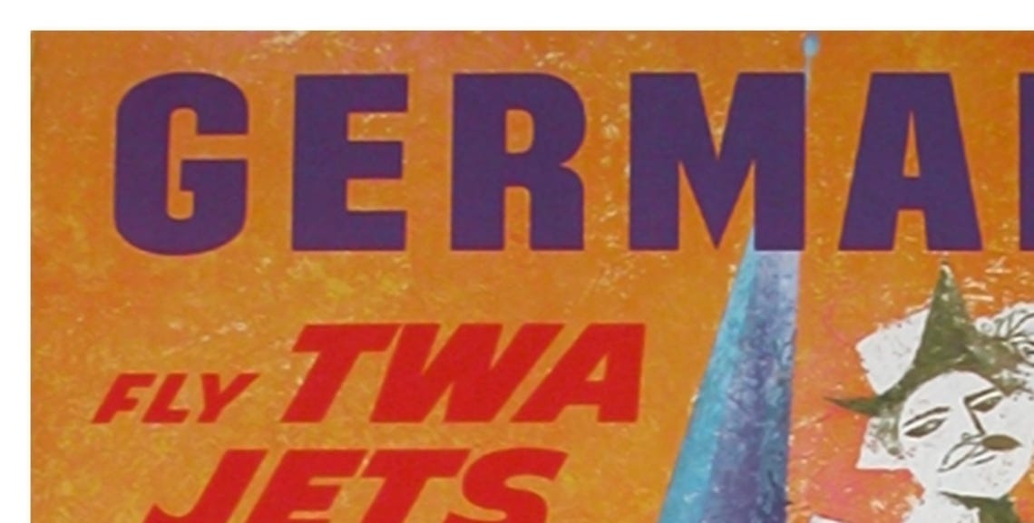 Germany Fly TWA Jets Vintage Medieval Fountain Statue Travel Poster - Image 2