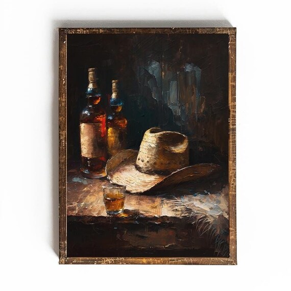 Cowboy Hat And Whiskey Bottles On Table Dark Western Still Poster