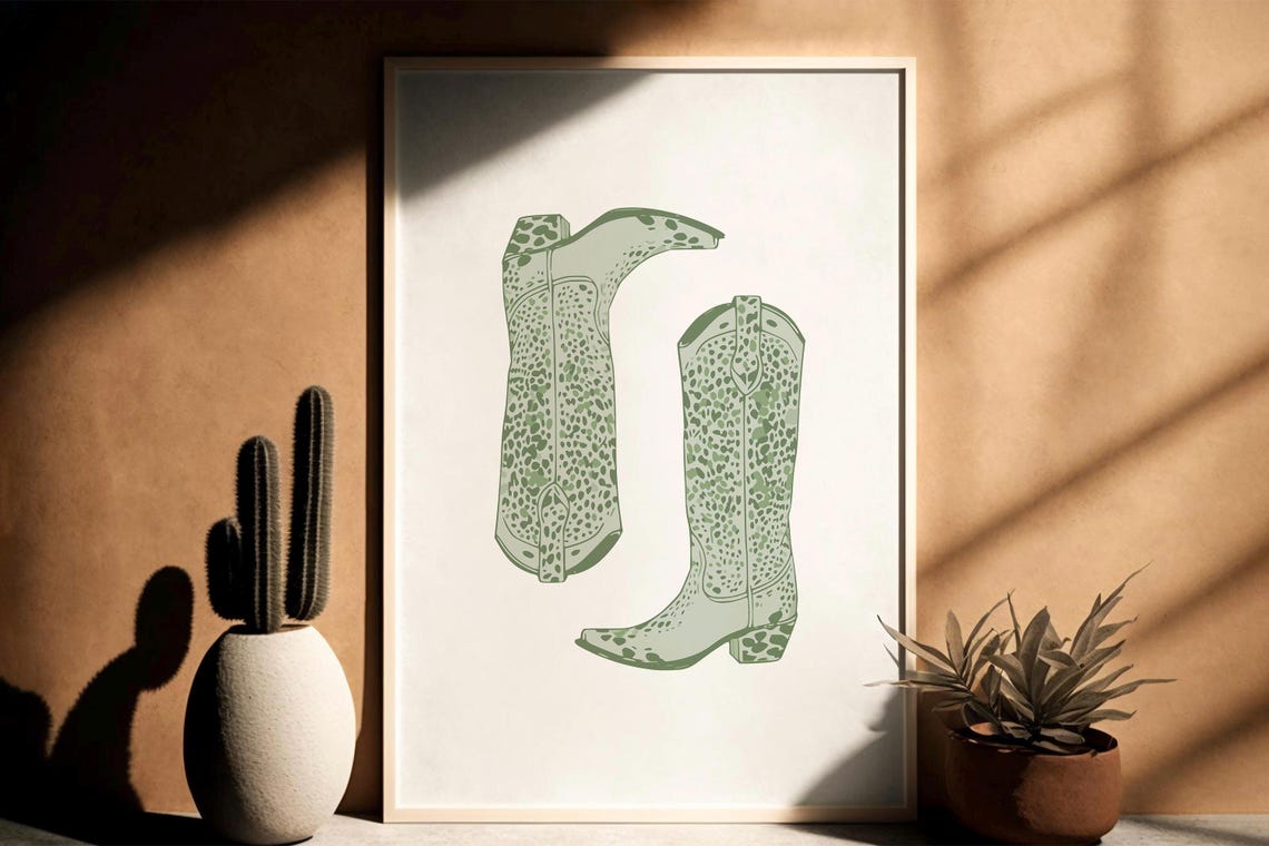 Sage Green Cowgirl Boots Cheetah Print Western Printpreppy Decor Rodeo Wall Art