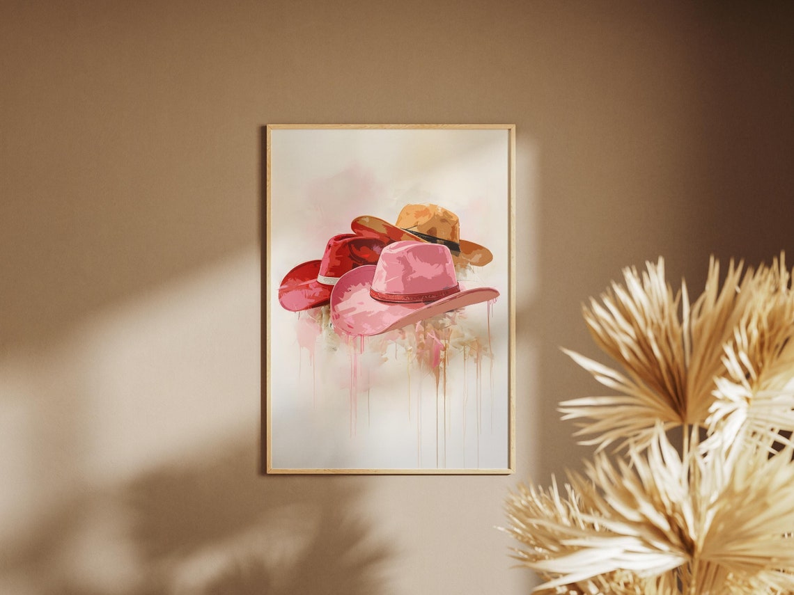 Watercolor Cowboy Hats Pink Red Tan Stack Western Wall Decor Poster