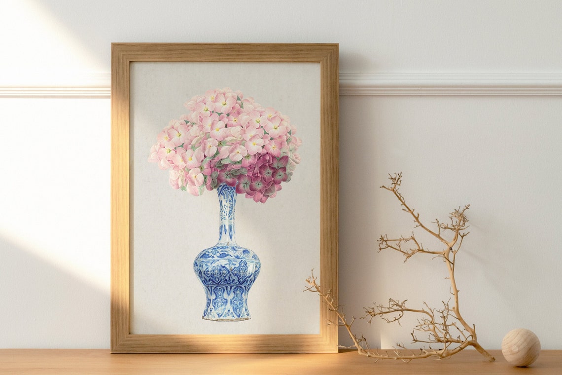 Pink Blossoms in Blue Delft Vase Chinoiserie Floral Still Life Poster