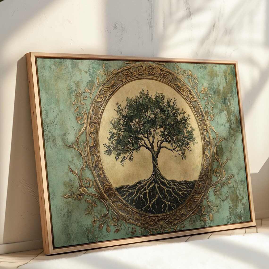 Tree Of Life In Ornate Golden Frame On Teal Textured Art Poster