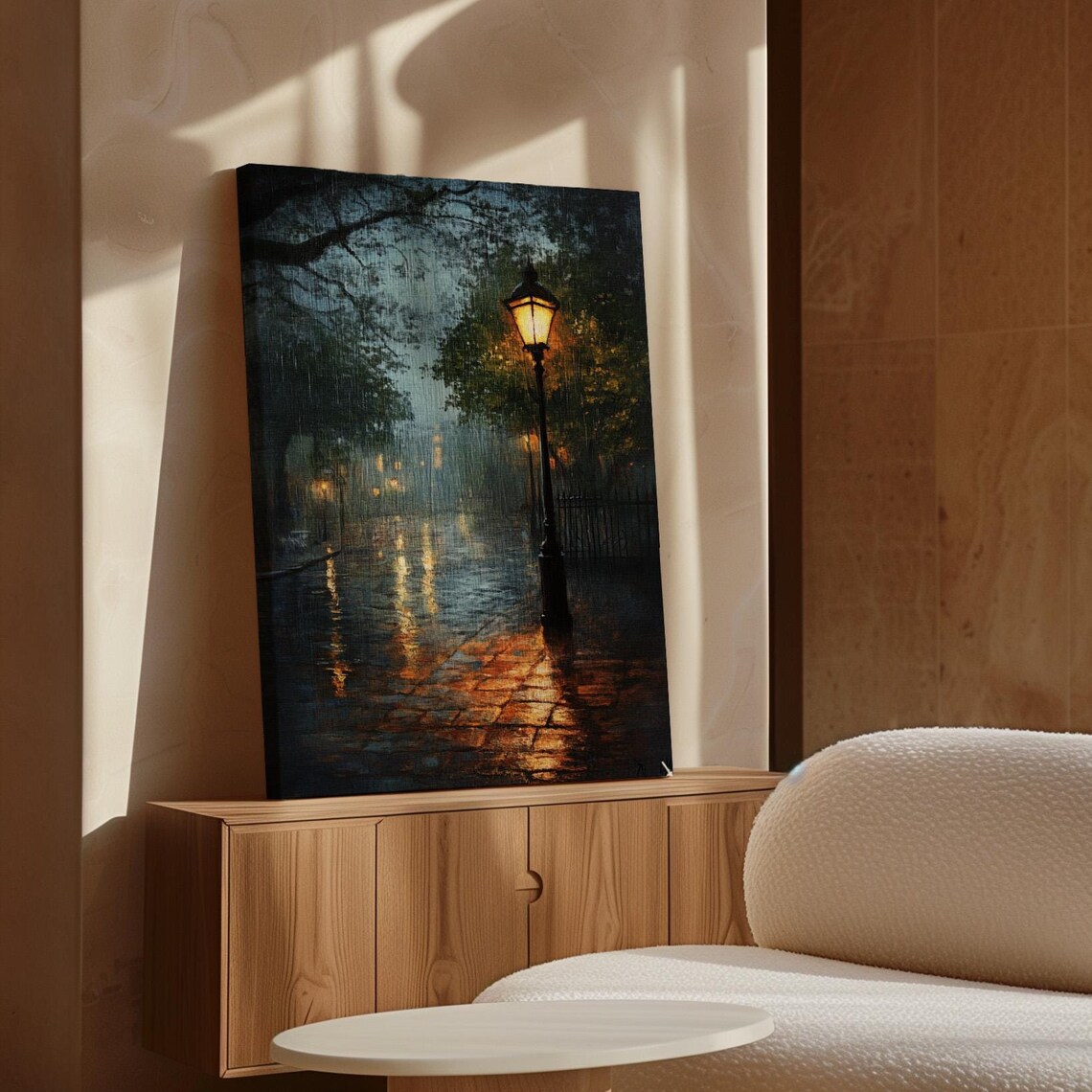 Rainy Night Street Scene Vintage Oil Painting, Cityscape