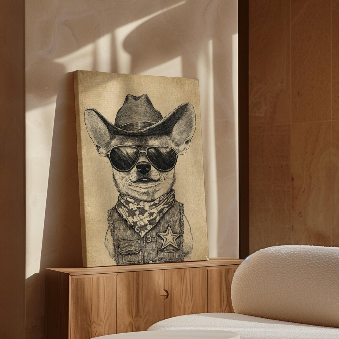 Funny Cowboy Chihuahua Dog Sheriff Star Vintage Sketch Poster
