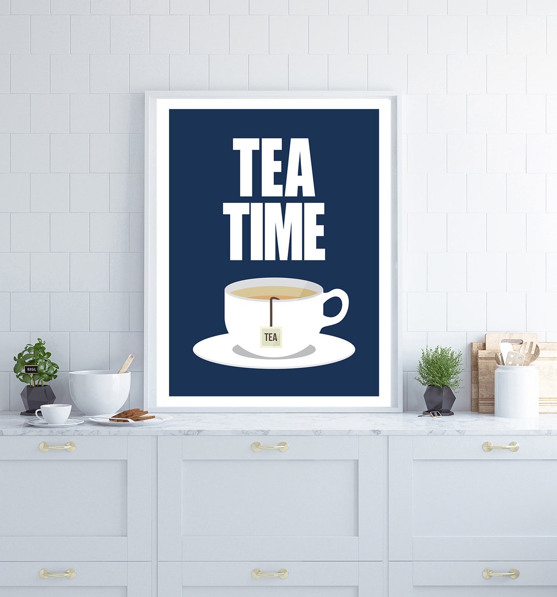 Tea Time Navy Teacup Minimalist Typography Kitchen Quote Poster - Image 3