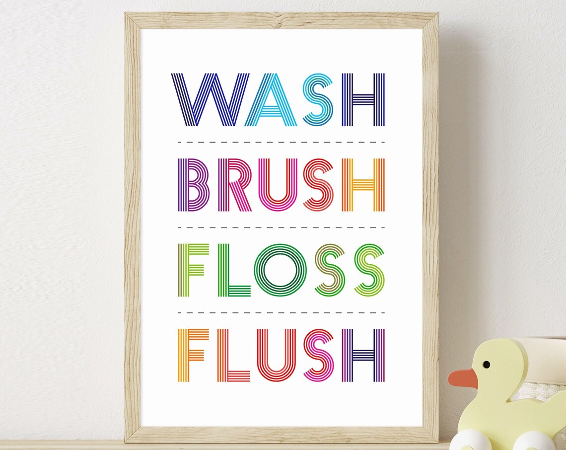 Wash Brush Floss Flush Rainbow Colorful Kids Bathroom Sign Poster - Image 2