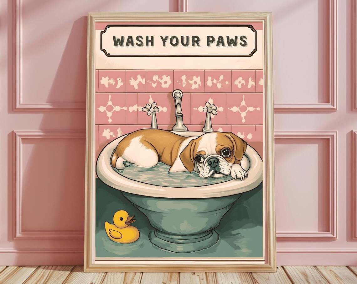 Wash Your Paws Cute Puppy in a Sink Funny Bathroom Dog Poster