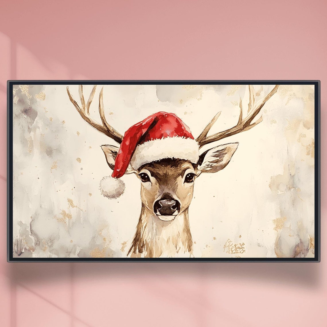 Watercolor Deer Wearing Santa Hat Christmas Portrait Scene Poster