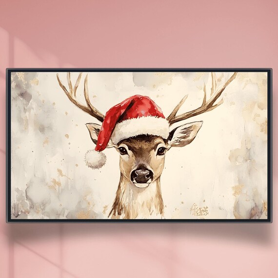Watercolor Deer Wearing Santa Hat Christmas Portrait Scene Poster