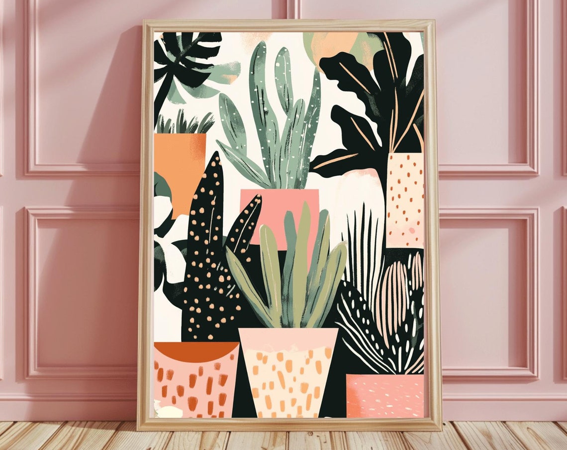 Boho Potted Cacti And Succulents Emerald Botanical Plant Wall Art