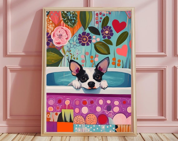 Animal Dog Bathroom Print Dog Painting Print Maximalist Decor Dog Poster Wall Art Funny Bathroom Wall Art Home Decor