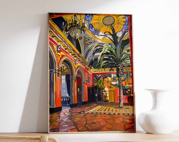 Red Arcade Palm Tree Ornate Ceiling Interior Bold Artwork Poster