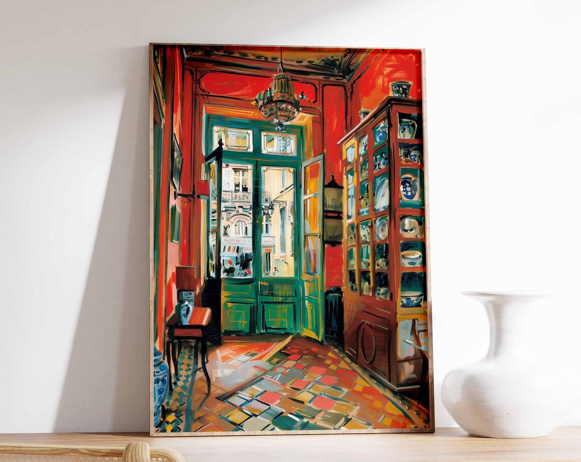 Red Hallway Interior Open Door Porcelain Cabinet Dramatic Art Print