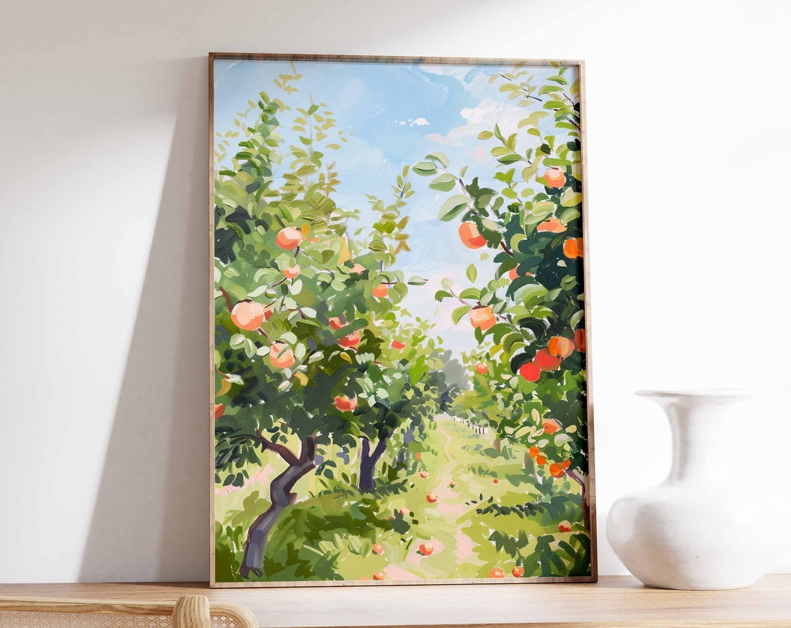 Apple Orchard Rows Red Fruit Blue Sky Impressionist Summer Art Poster