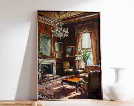 Wood Paneled Club Lounge Fireplace Chandelier Classic Poster