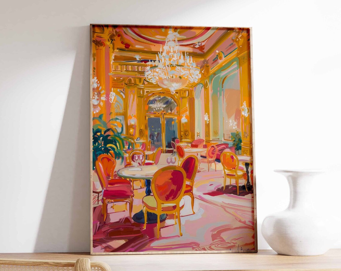 Golden Casino Bar Interior Chandelier Orange Toned Wall Poster