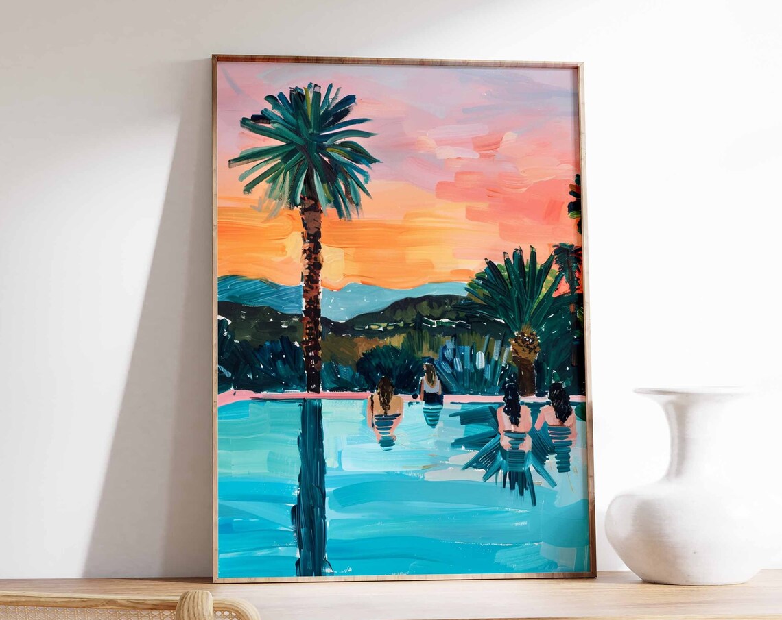 Vibrant Tropical Palm Pool Sunset With Swimmers Scene Art Poster