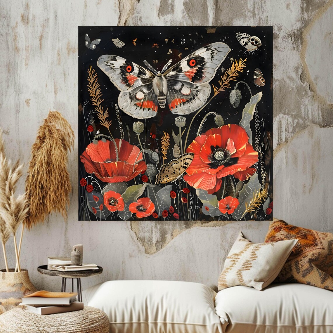 Moths And Poppies, Cottagecore Vintage Botanical Art Print - Image 4