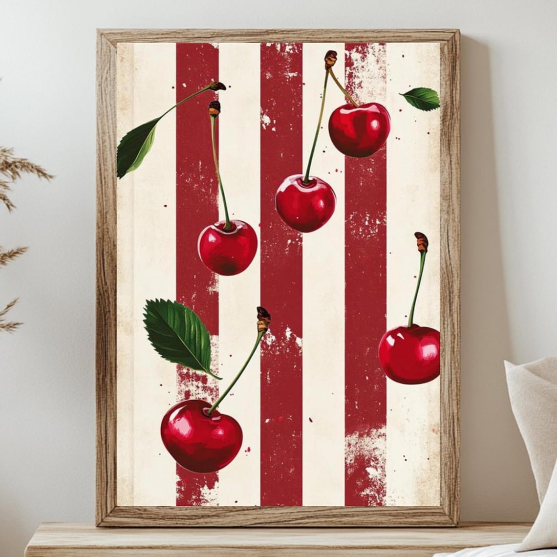 Stripes Cherries Retro Poster Print, Living Room