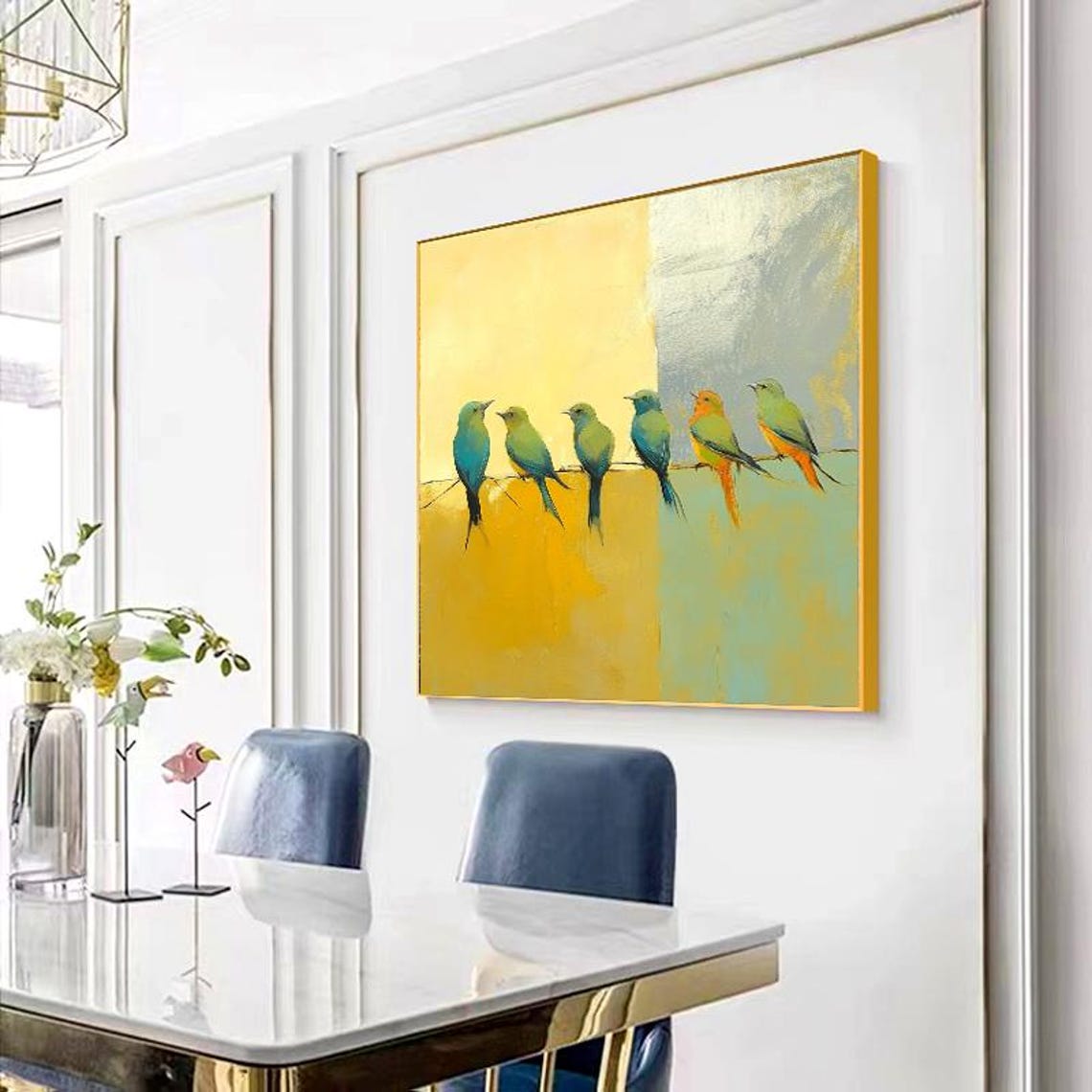 Seven Colorful Birds Perched on a Wire Over Gold Blocks Poster - Image 4