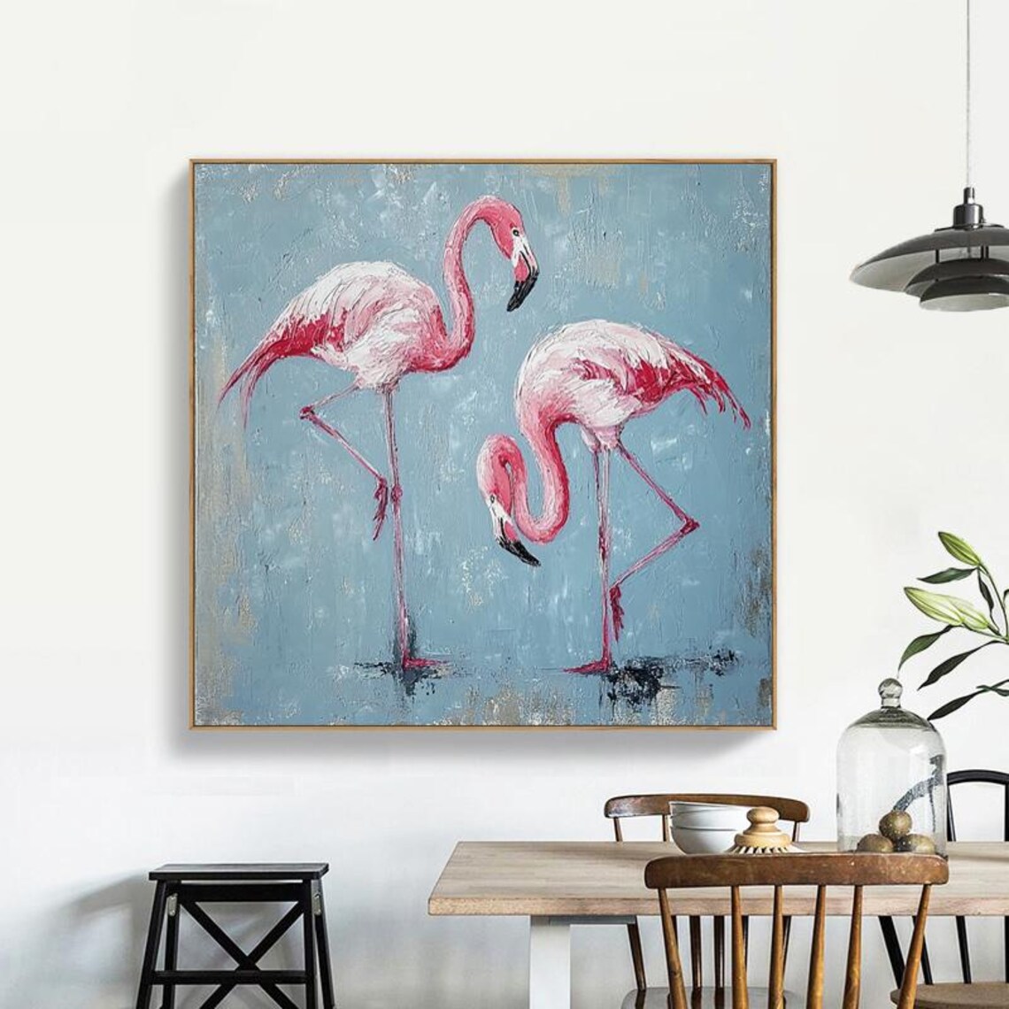 Two Pink Flamingos On Blue Grey Background Tropical Painting Poster - Image 6