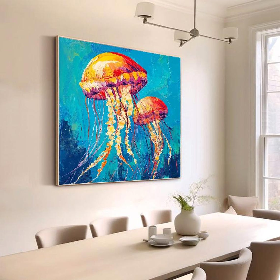 Hand Painted Oil Painting Ocean Creatures Jellyfish Wall Art Original Artwork For Entryway And Dining Room - Image 4