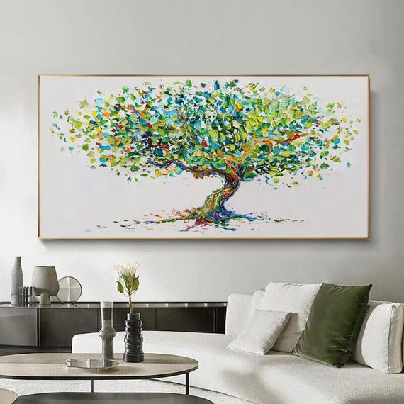 Hand Painted Oil Painting Green Abstract Tree Modern Minimalist Wall Art For Living Room Entryway Dining Room