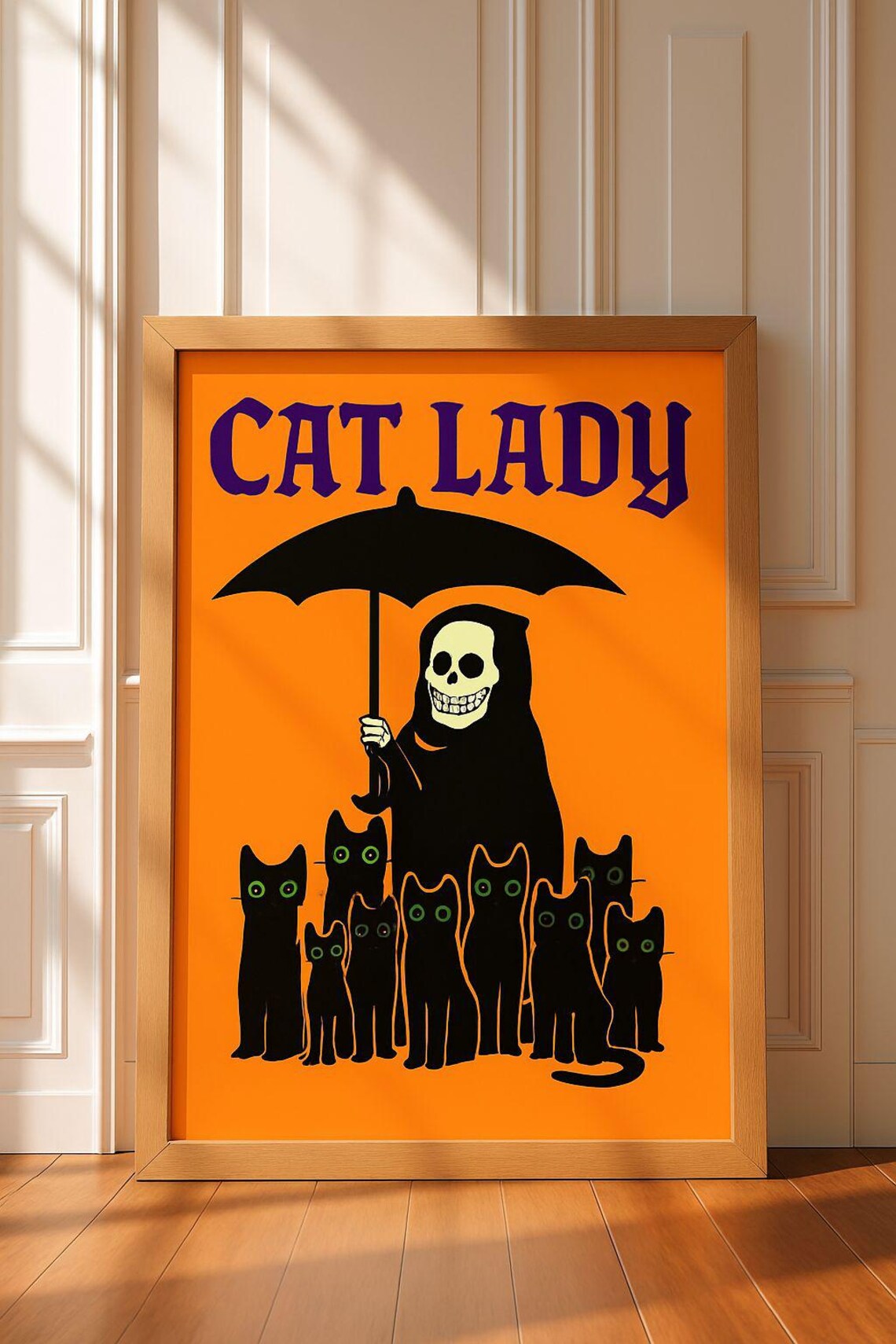 Cat Lady Grim Reaper Black Cats Umbrella Funny Halloween Art Poster