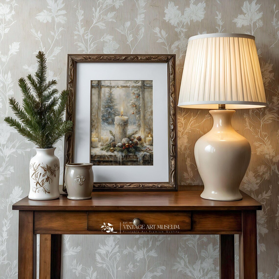 Christmas Candle Still Life, Vintage Holiday Art Print - Image 2