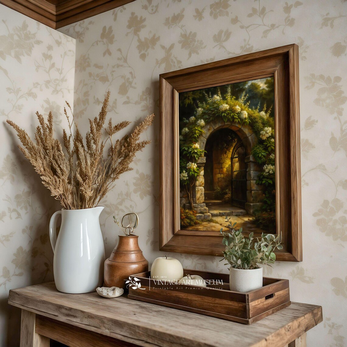 Old Stone Garden Gate with Flowering Vines Vintage Oil Painting Wall Art - Image 3