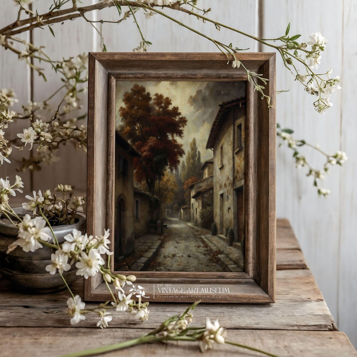 Autumn Village Street With Old Stone Houses and Red Trees Poster - Image 3