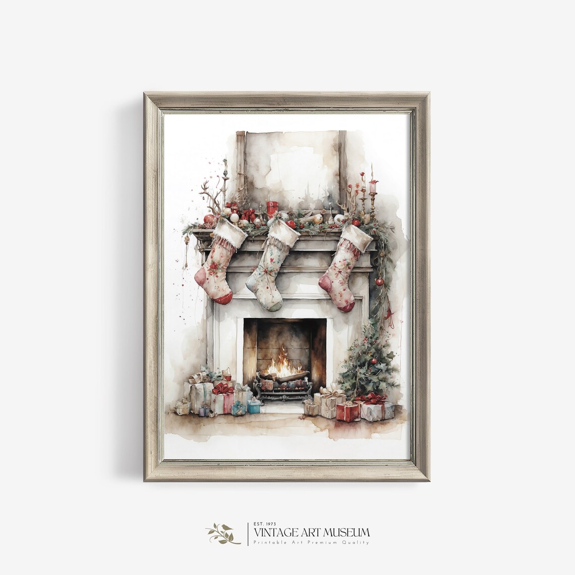 Christmas Fireplace Vintage Art Print, Farmhouse Decor