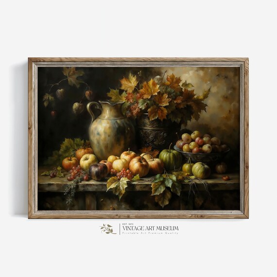 Dark Vintage Fruit Still Life Pumpkin Autumn Harvest Table Poster