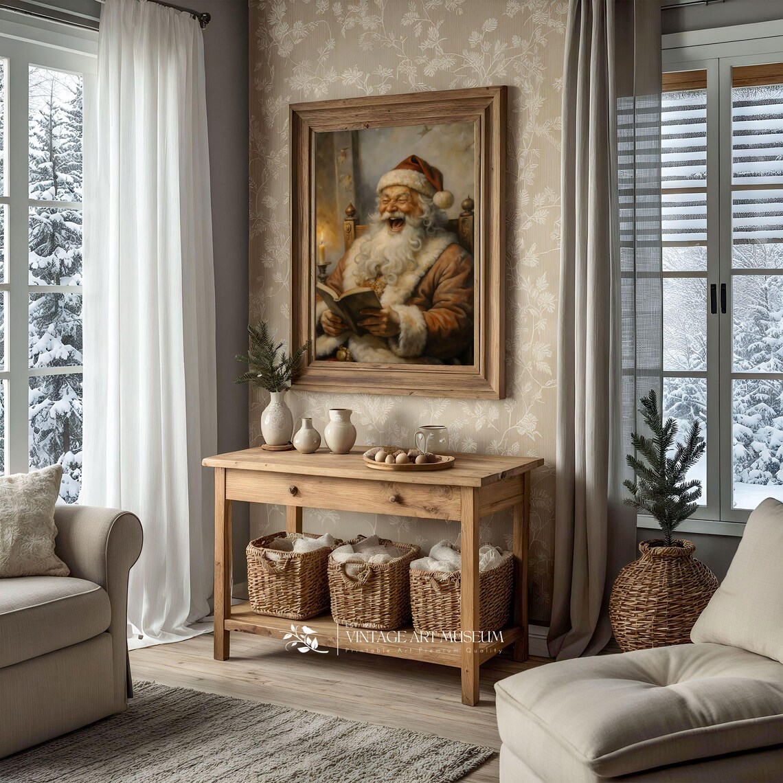 Santa Reads A Funny Book Vintage Christmas Art Print