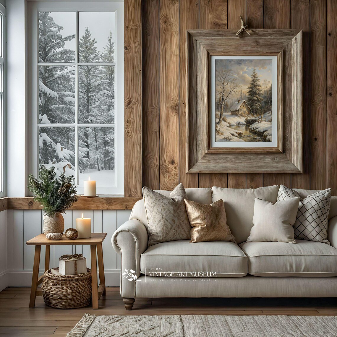Snowy Forest Cabin Beside A Winter Stream Vintage Oil Painting Poster - Image 2