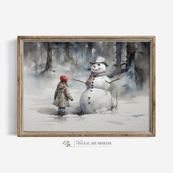 Christmas Snowman And Girl Vintage Winter Art Print