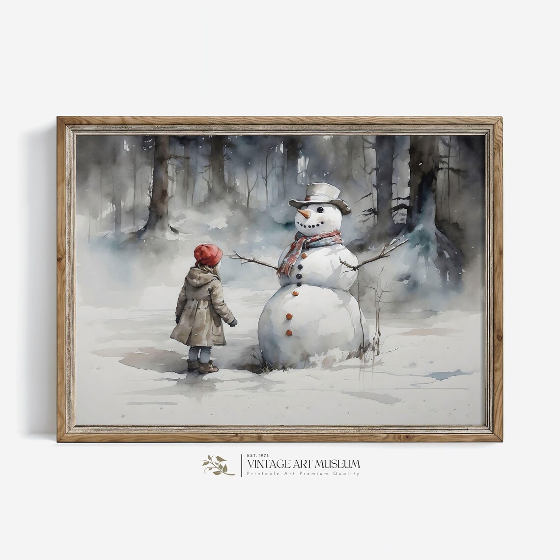 Christmas Snowman And Girl Vintage Winter Art Print