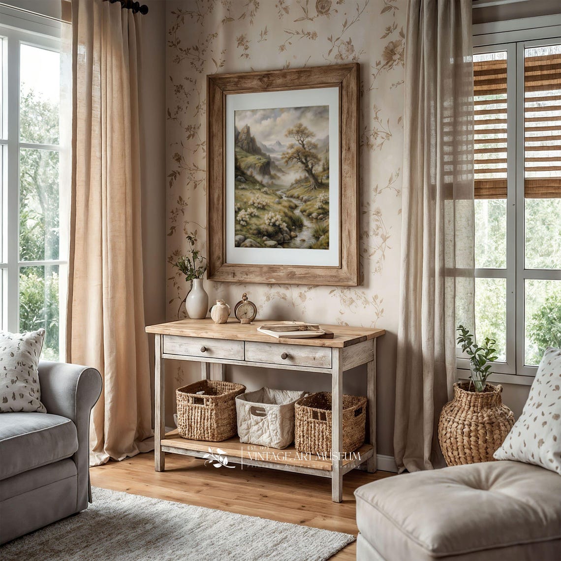 Mountain Valley Stream with Mist Vintage Summer Landscape Wall Art - Image 2