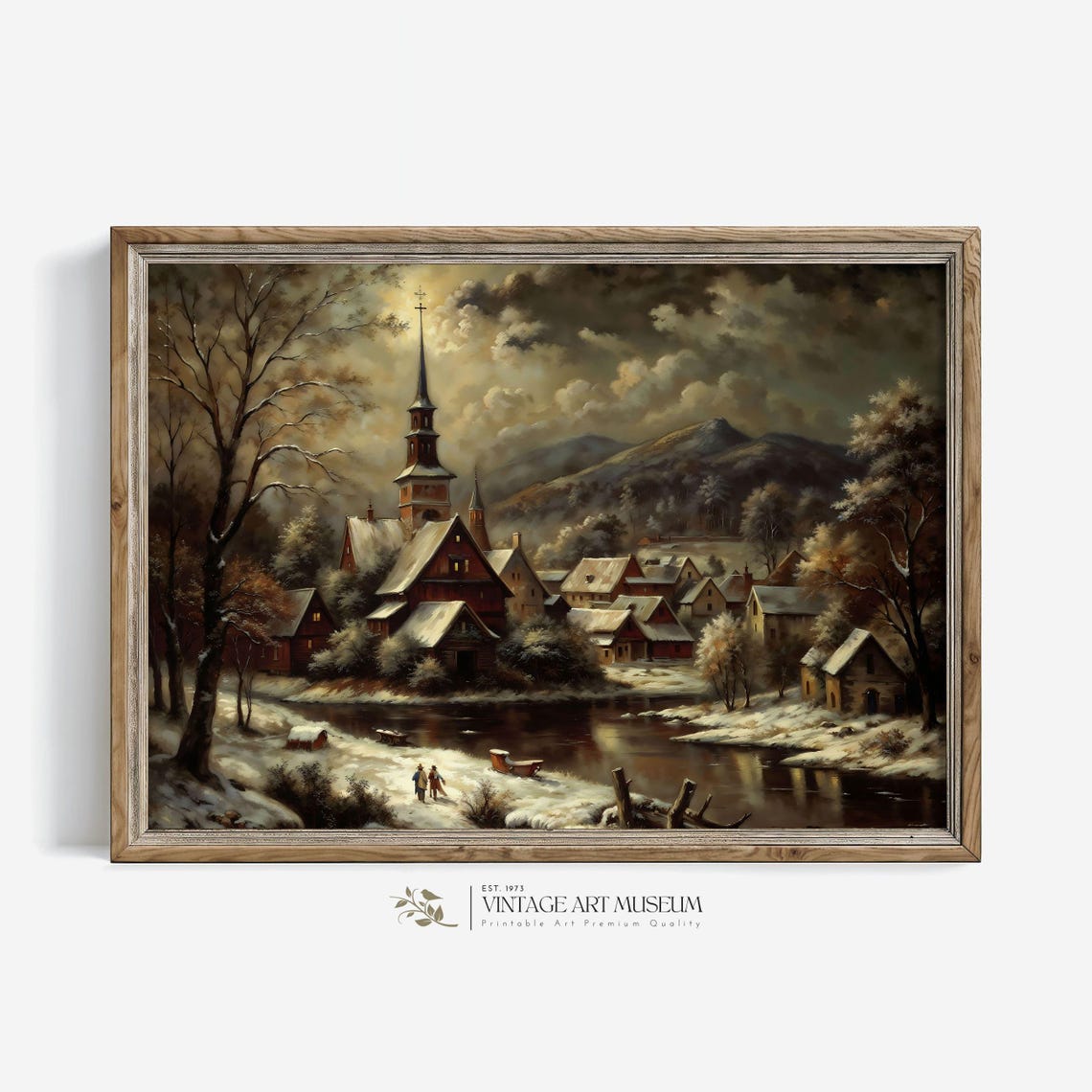 Moody Winter Village With Church Steeple River Snowy Night Poster