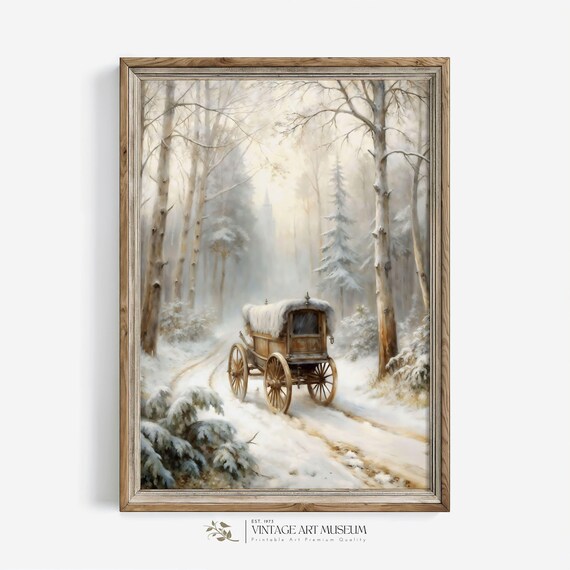 Covered Wagon On Snowy Forest Road Misty Winter Vintage Painting Poster