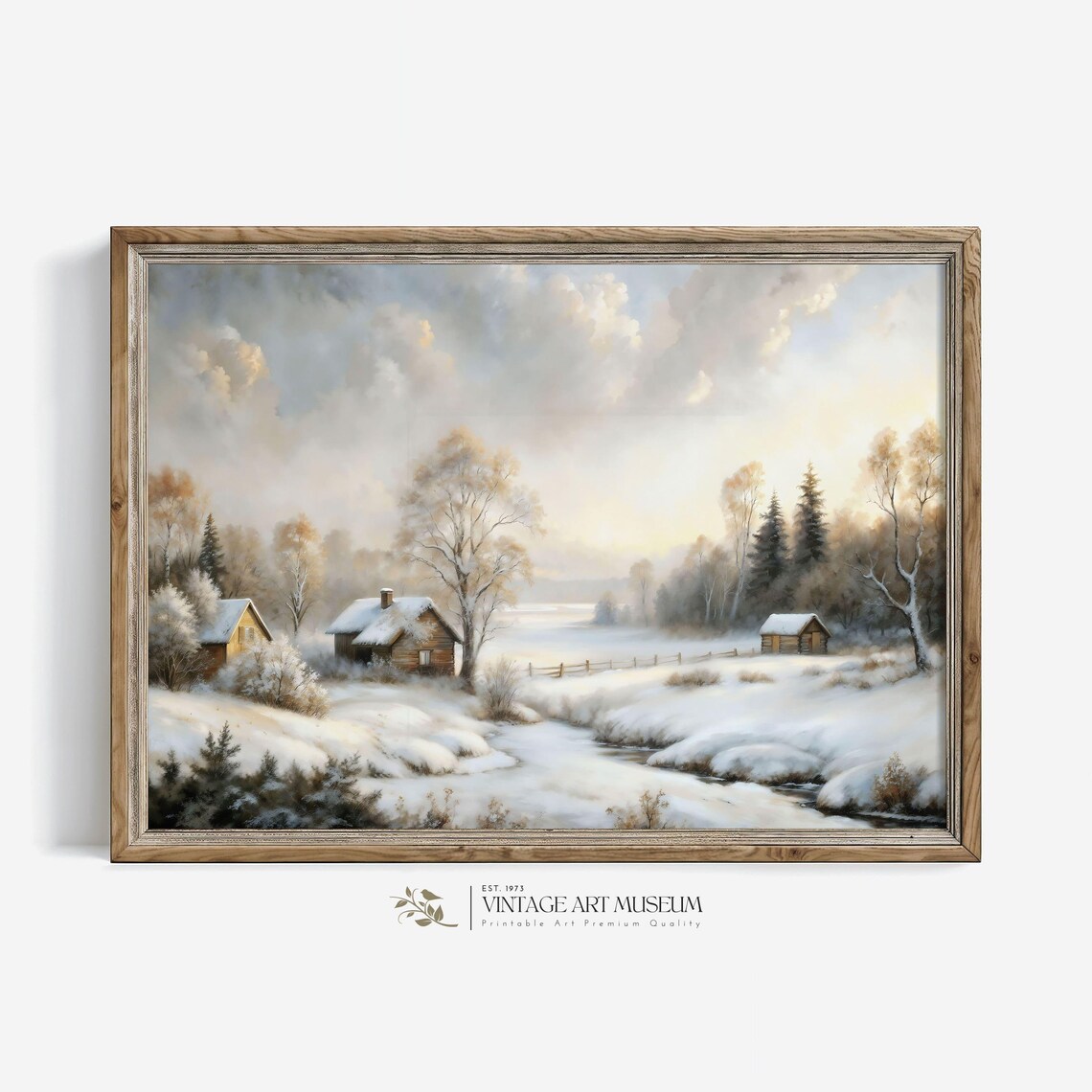 Snowy Village Cabins By A Frozen Stream Winter Day Vintage Painting Poster