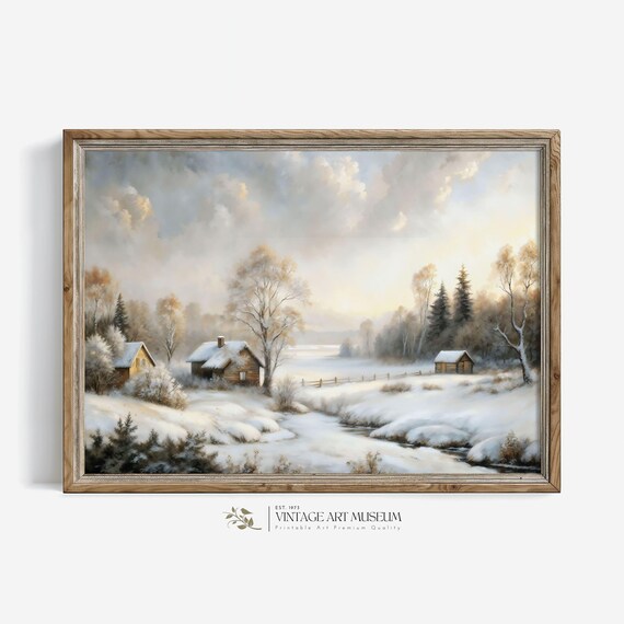 Snowy Village Cabins By A Frozen Stream Winter Day Vintage Painting Poster