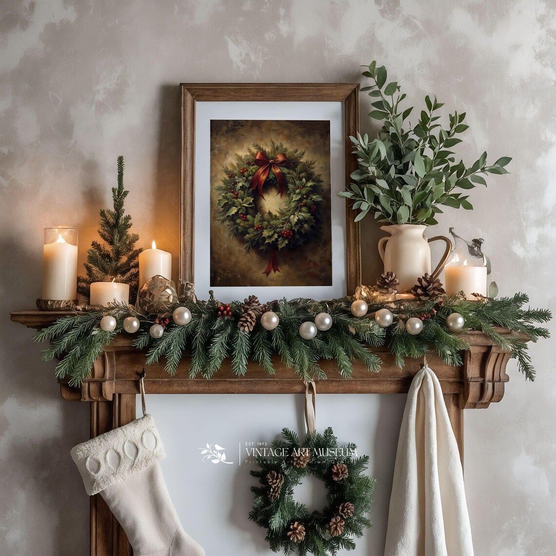 Vintage Christmas Wreath with a Red Bow Holiday Season Poster - Image 2