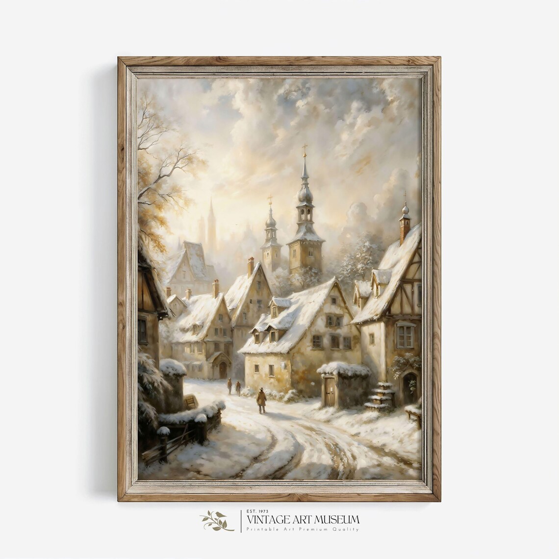 Snowy European Village Street With Church Spires Vintage Winter Poster