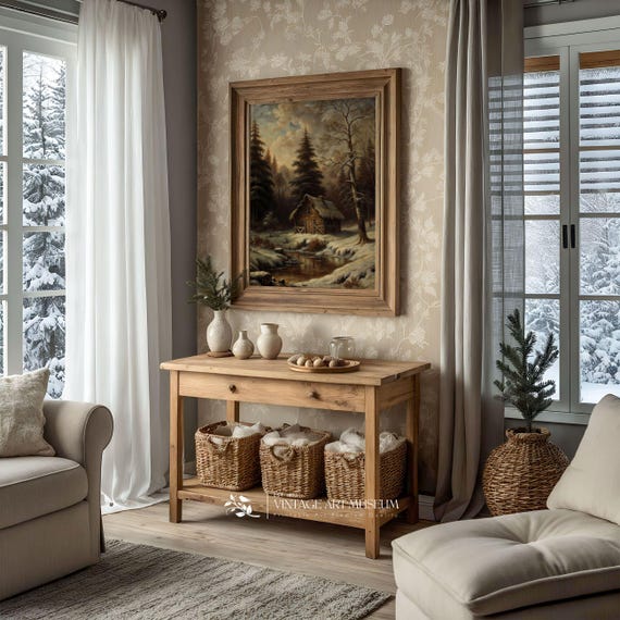 Winter Woodland Cabin Print Snowy Landscape Wall Art Dark Moody Vintage Style Oil Painting Warm Tone Cottagecore Decor 139