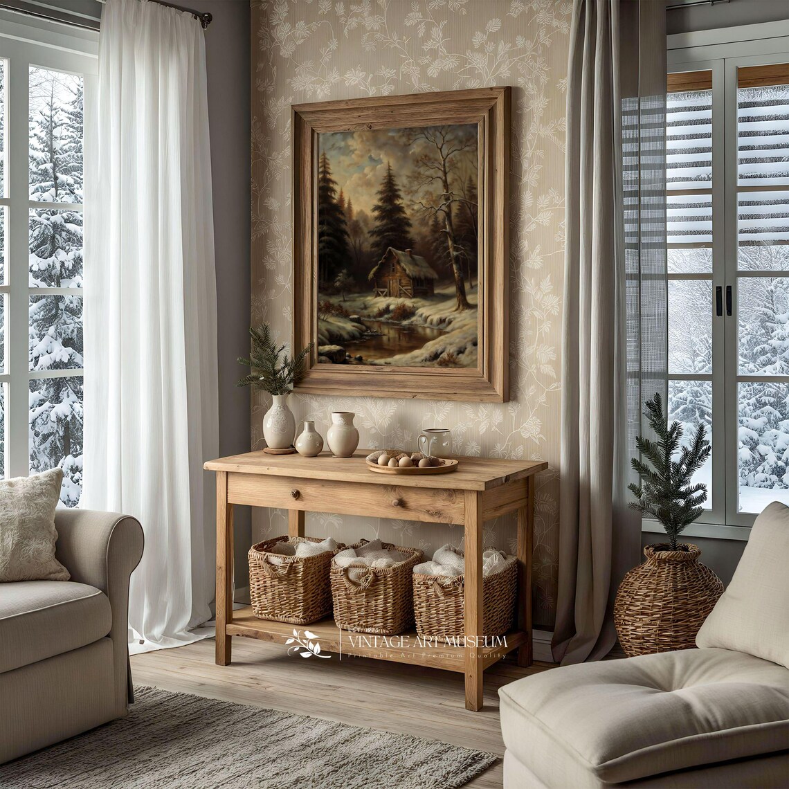 Winter Woodland Cabin Print Snowy Landscape Wall Art Dark Moody Vintage Style Oil Painting Warm Tone Cottagecore Decor 139
