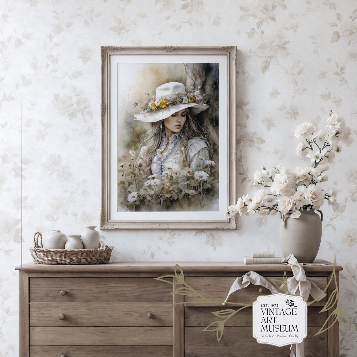 Woman In White Flower Hat Daisy Field Dreamy Watercolor Portrait Poster - Image 3